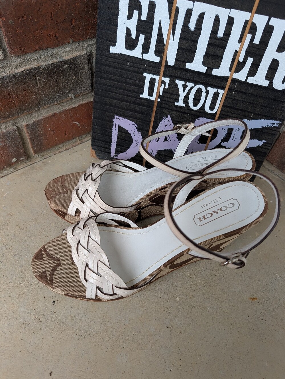 🍁 Vintage Y2K Coach Rose Genuine Leather Signature Canvas Braided Wedge Sandals - Picture 4 of 15